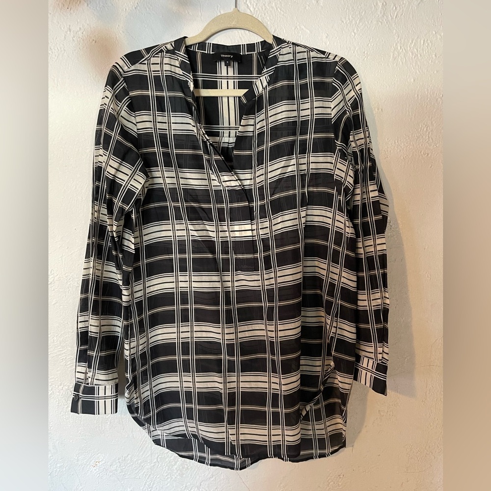 Theory Black and White Checkered Blouse